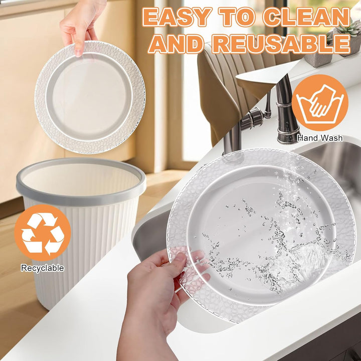 AKOLAFE 40 Weisse Plastikteller mit Silbernem Rand, 19cm Mehrweg Kunststoffteller Stabiles Plastik T