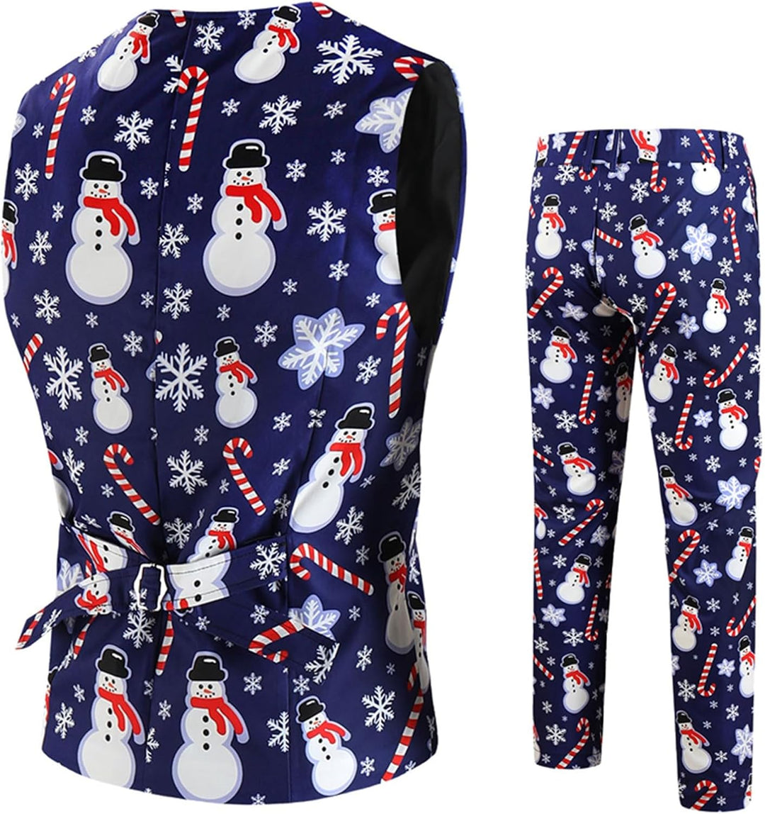 Herren Weihnachtsanzug 2Teilig Weihnachtsweste Slim Fit Button Verschiedene Weihnachtsmotiv Formal W