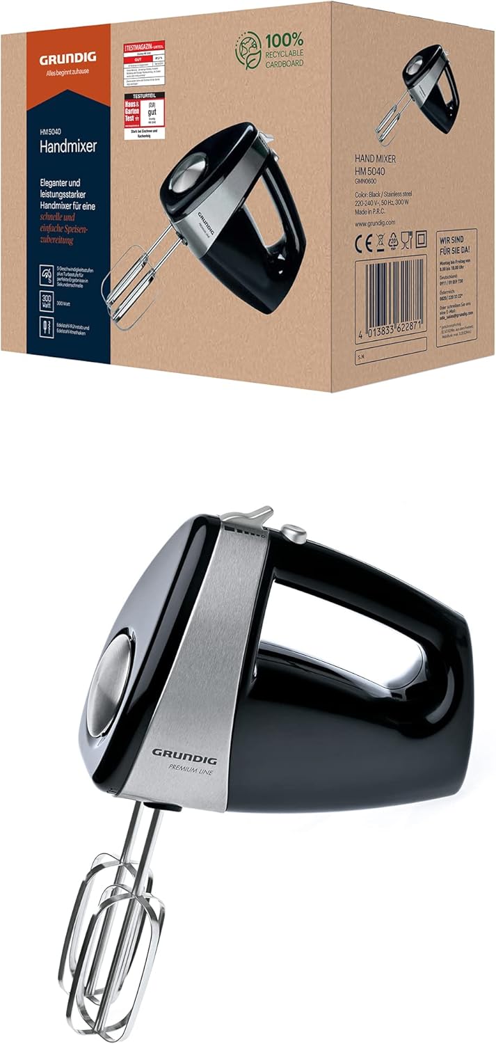 Grundig HM 5040 Premium-Handmixer (300 Watt), schwarz-silber Single, Single