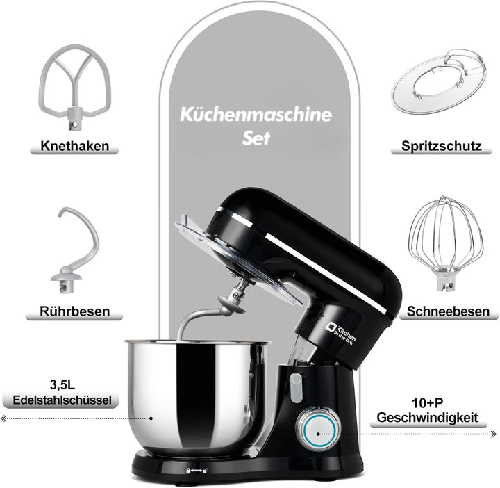 Kitchen in the box Kompakte Küchenmaschine 3,5 L, Rührmaschine & Knetmaschine mit 10 Geschwindigkeit