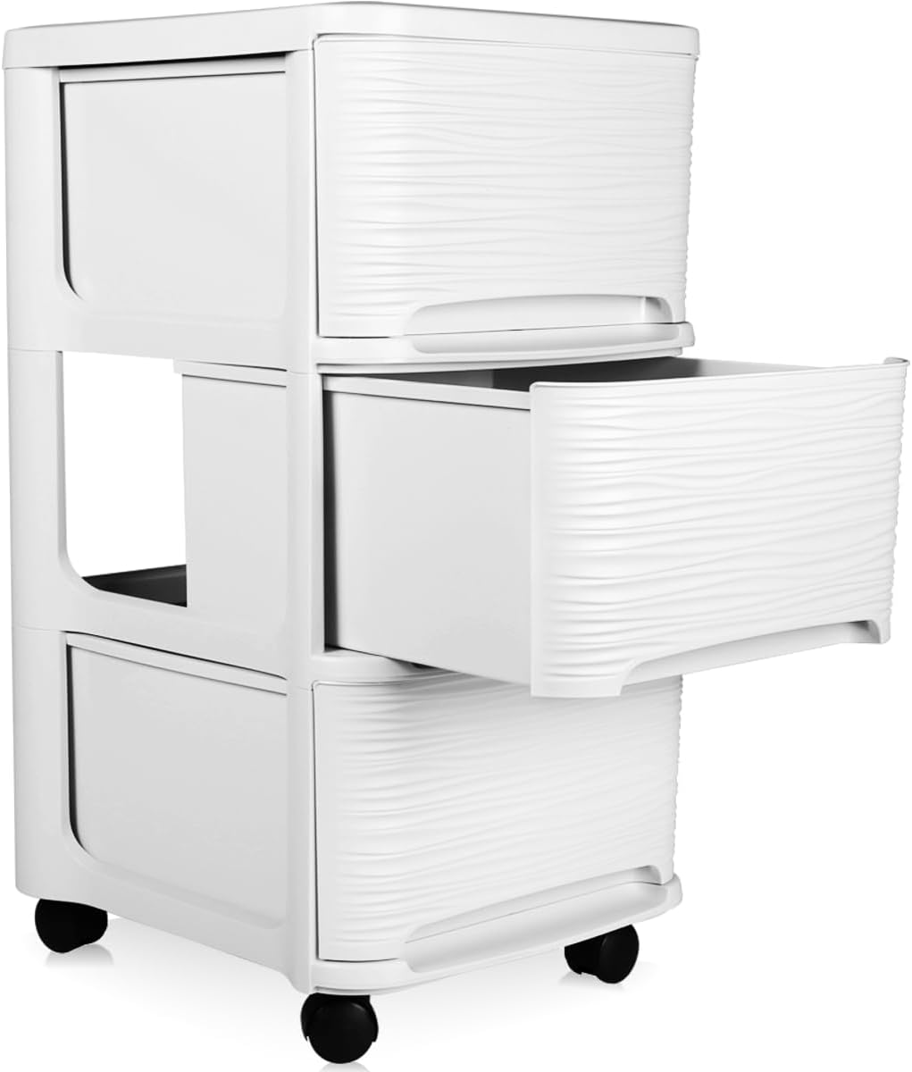 Schubladenschrank mit Rollen Rollcontainer mit 3 Schubladen Rollschrank Kunststoff Rollwagen (Weiss)