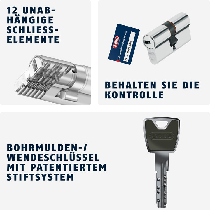 ABUS Profilzylinder XP20SN 40/40 inklusive Sicherungskarte & 3 Schlüsseln, 73736, Nickel, 40/40