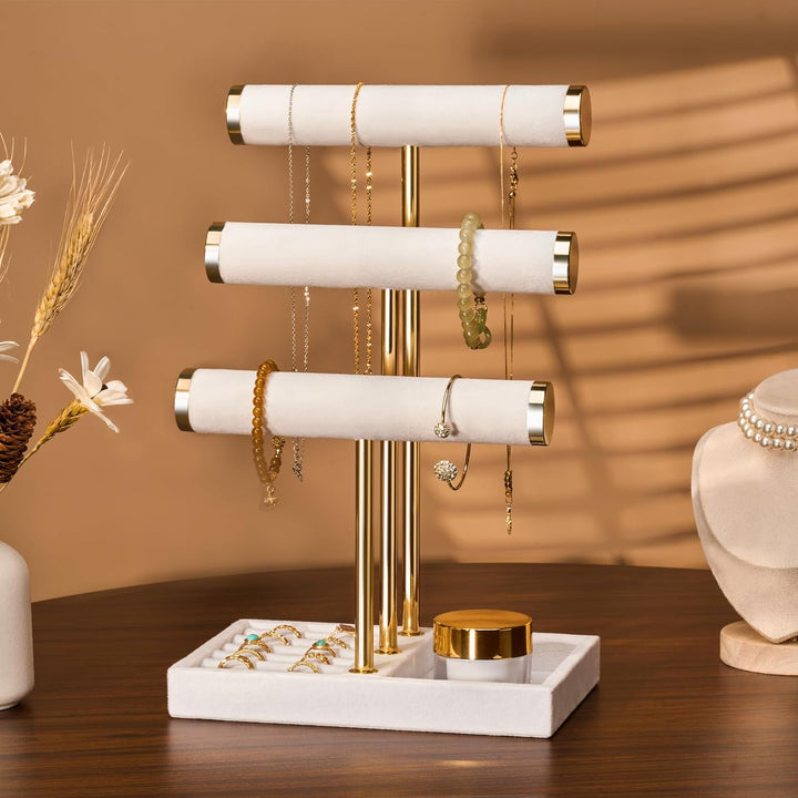 Schmuck Organizer mit 3 Ebenen - Weiss Schmuckständer Armbänder, Abnehmbarer T-Steg Schmuck Ständer,