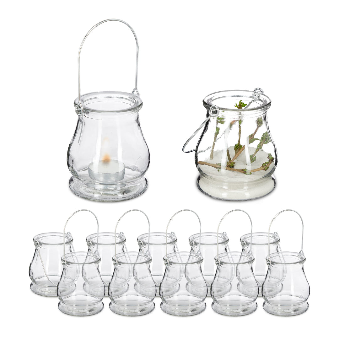 96 x Windlicht, aus Glas, Henkel zum Aufhängen, innen & aussen, Teelichthalter, H x D: 10 x 8,5 cm,