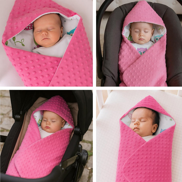 Baby Einschlagdecke Doppelseitig 86x86 cm Minky-Plüsch für Kinderwagen und Babybett (Rosa Minky-Eule