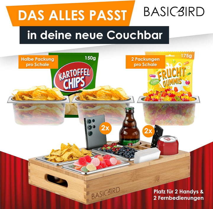 BASICBIRD® Couchbar Snackbox - Organizer Tablett- Snackspender mit 3X Snackschale - Holz Sofatablett
