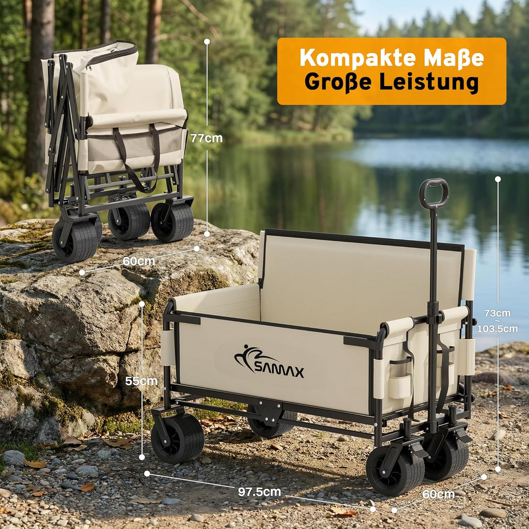 SAMAX Bollerwagen bis 200kg - 2in1 mit Bank - Faltbarer Handwagen Gartenwagen Strandwagen - Klappbar