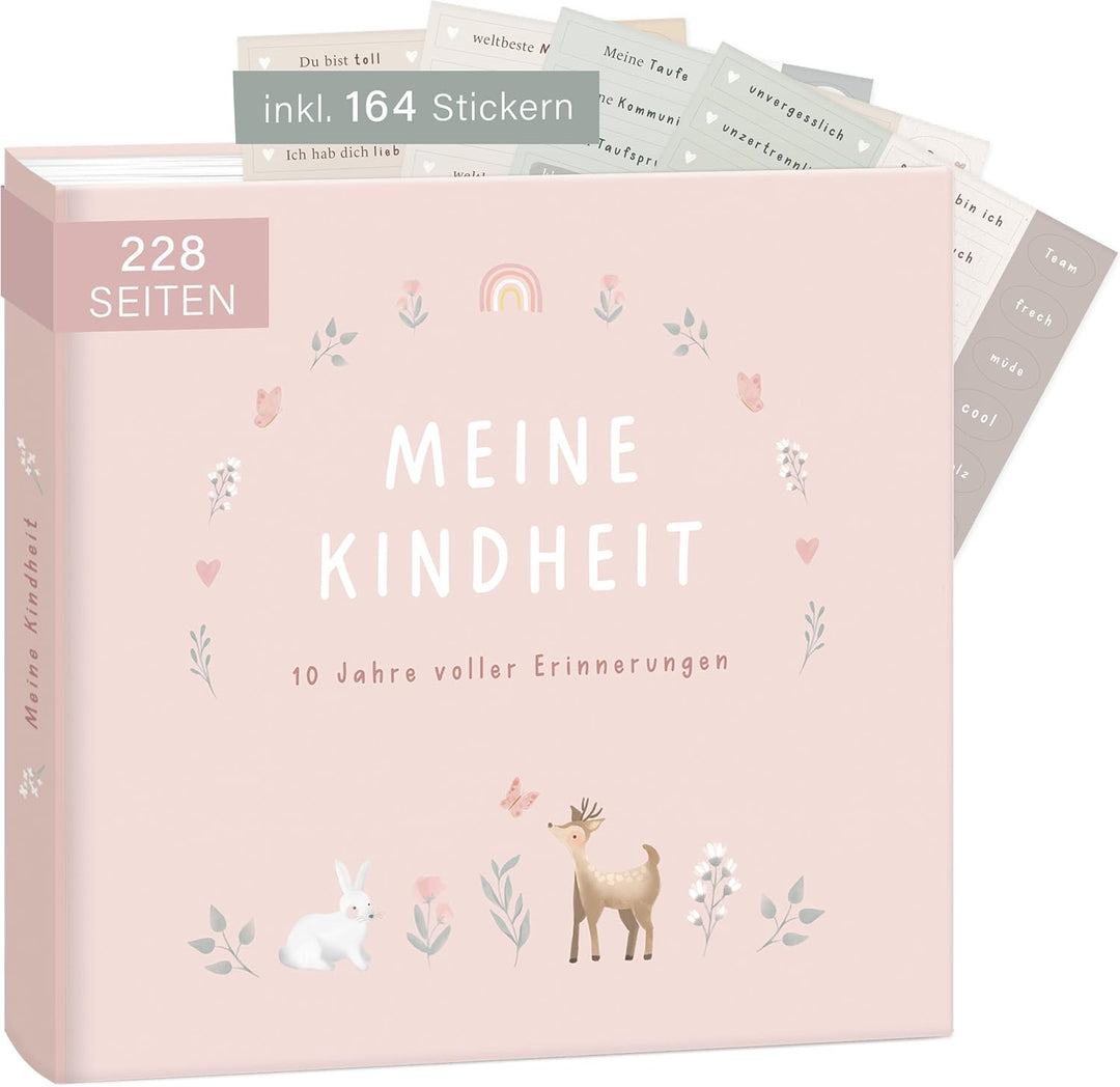 "Meine Kindheit" Erinnerungsalbum Rosa + Sticker Set I deine ersten 10 Jahre I Fotoalbum Kinder Gesc