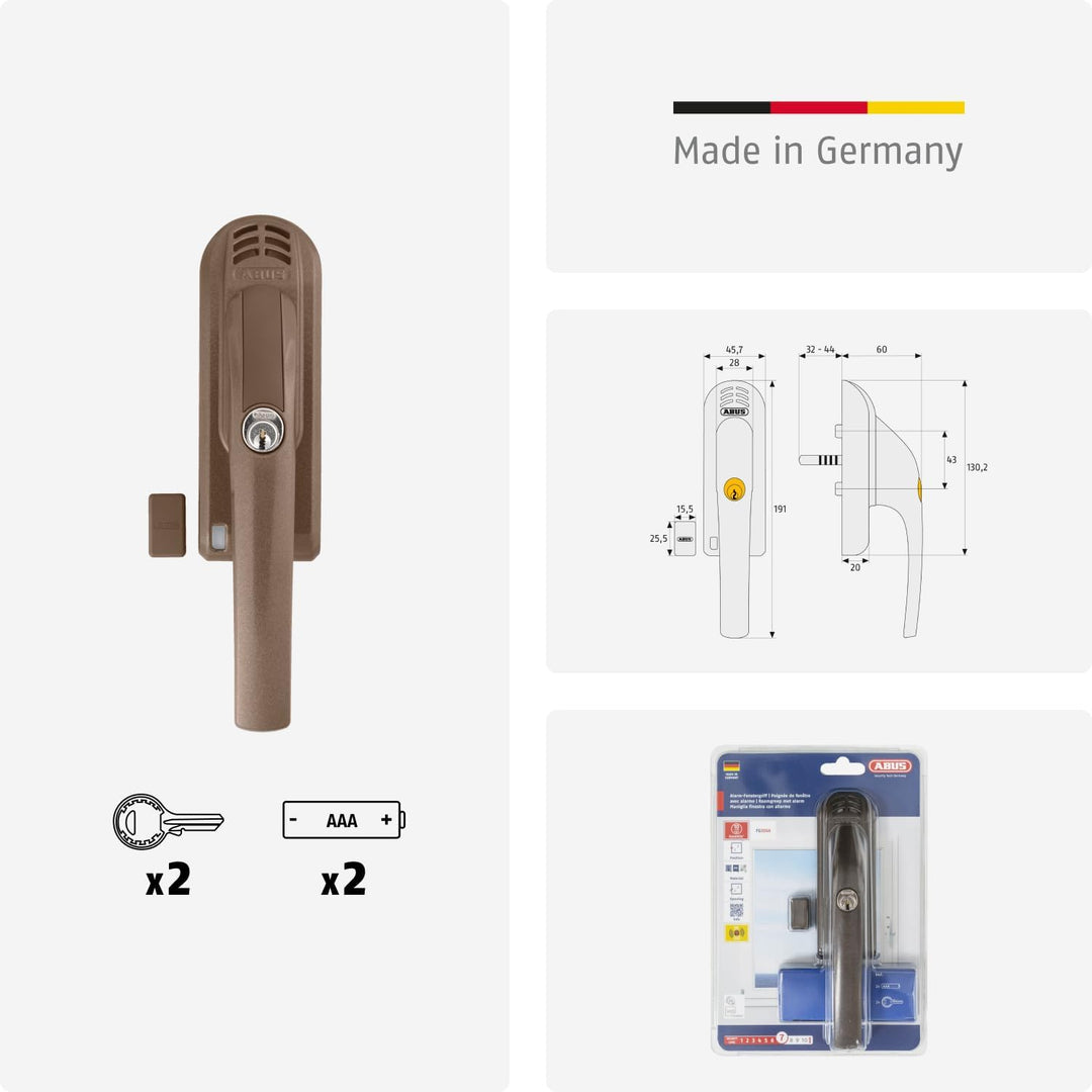ABUS Abschliessbarer Fenstergriff FG300A AL0145 - Fensterknauf mit Druckzylinder und Alarmfunktion,