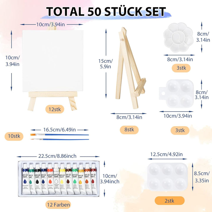 DONQL 50 Stück Mini Leinwand mit Staffelei Set, Kleine Leinwände mit einstellbare Mini Staffelei, mi