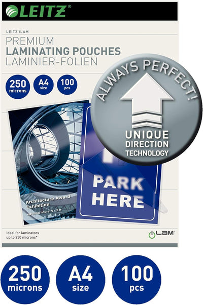 Leitz Heisslaminierfolien A4 250 mic, Laminierfolien in Premium-Qualität im 100er Pack, Glänzend, Tr