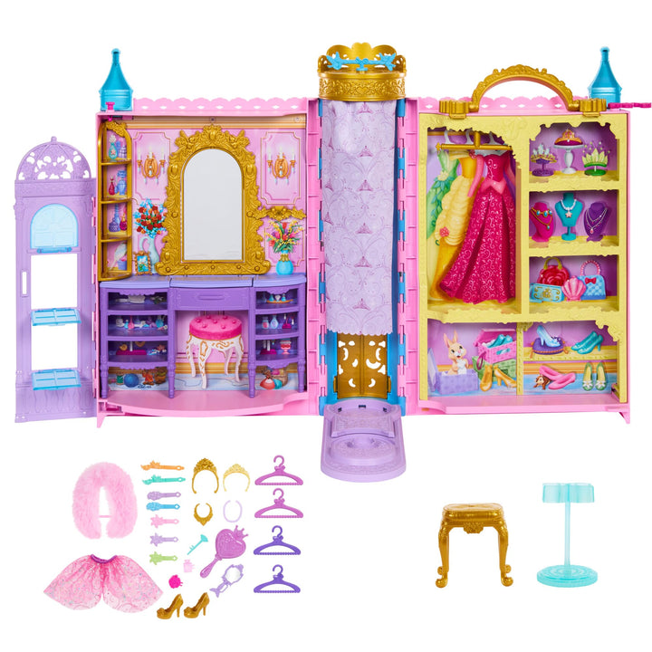 Mattel Disney Prinzessin-Schrankspielset mit 2 Kleidungsstücken, 25 Zubehörteilen, Frisiertisch, Ank