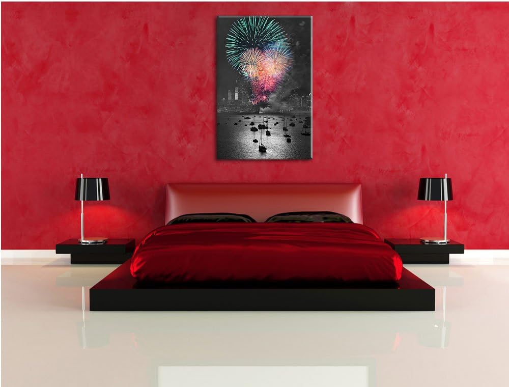 atemberaubendes Feuerwerk über Meer schwarz/weiss Format: 100x70 auf Leinwand, XXL riesige Bilder fe