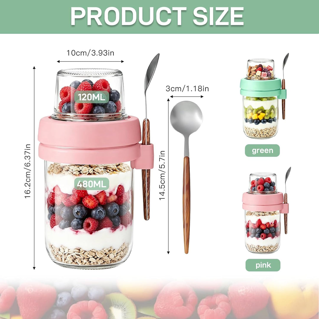 Müslibecher to Go mit Löffel,Joghurtbecher mit Toppingbehälter 480ml + 120ml,Overnight Oats Glas, Au