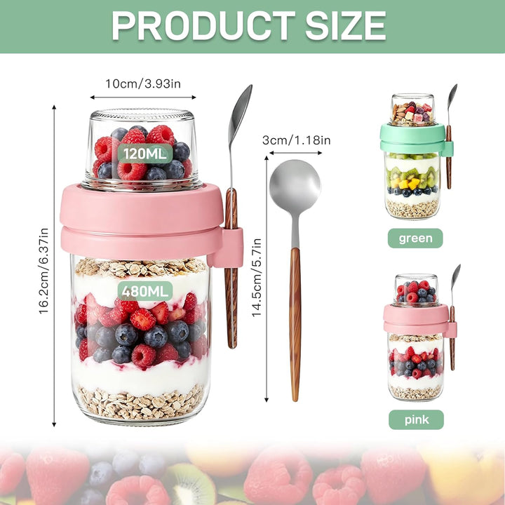 Müslibecher to Go mit Löffel,Joghurtbecher mit Toppingbehälter 480ml + 120ml,Overnight Oats Glas, Au