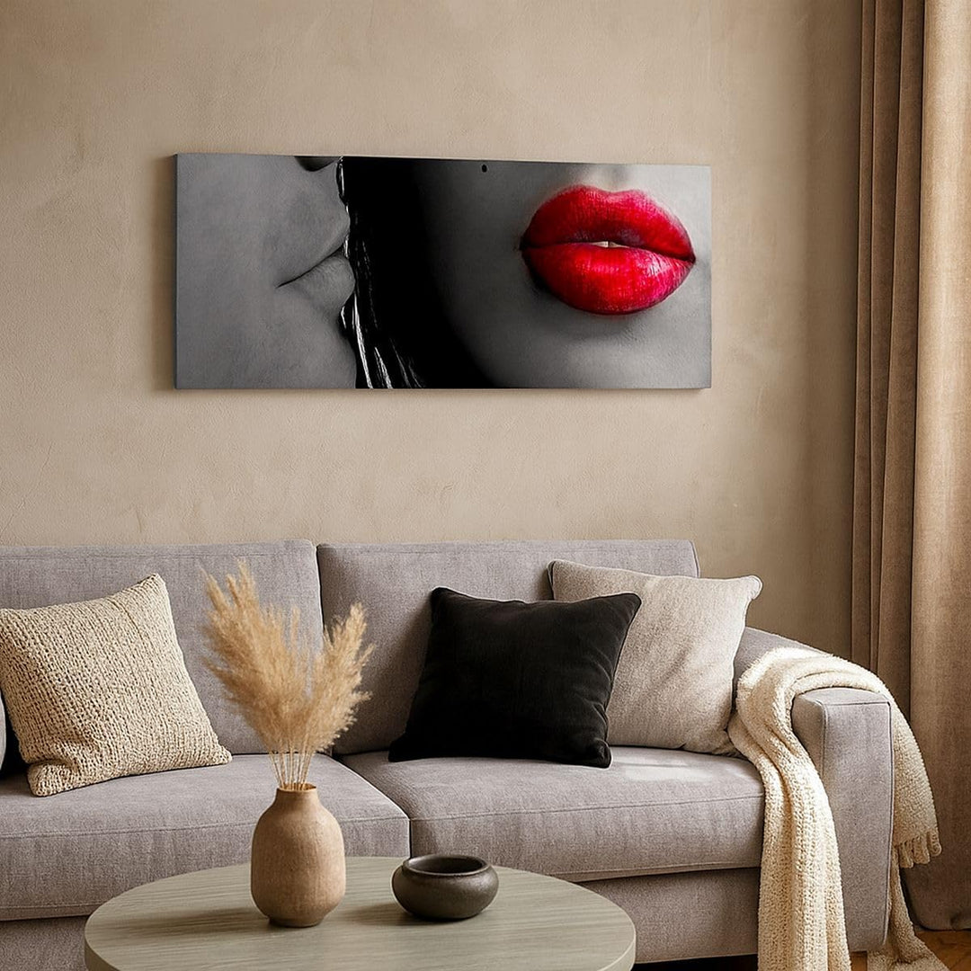 Wandbilder Dekoration Wohnzimmer Rote Lippen dunkles Haar Modell Liebe Bilder auf Leinwand 120x50cm