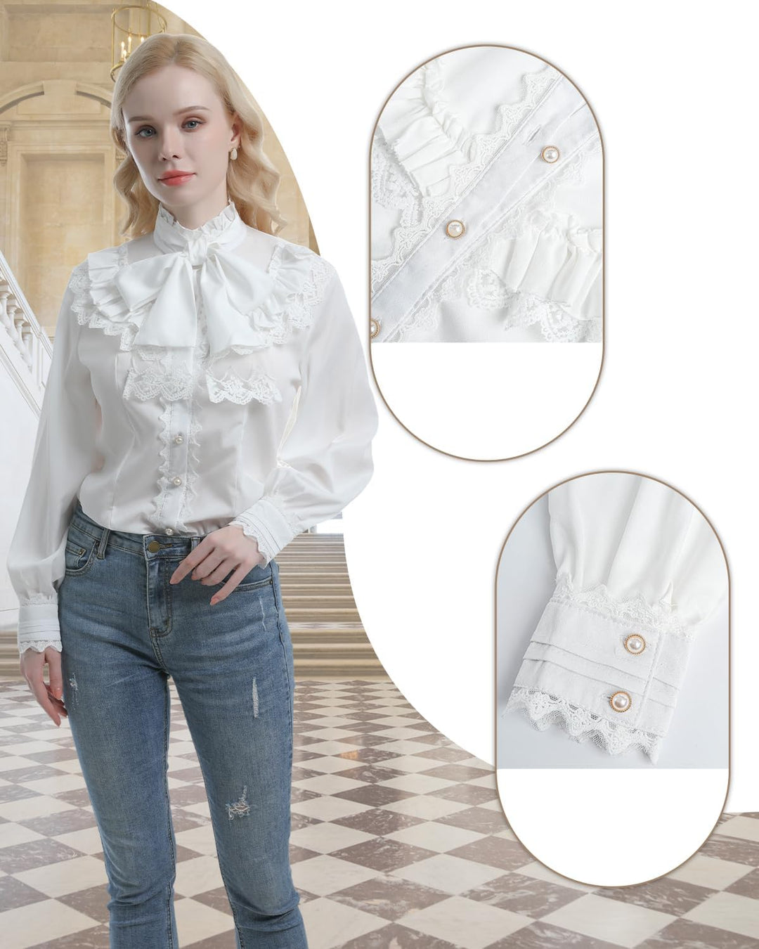 CR ROLECOS Viktorianische Bluse Damen Stehkragen Damen Mittelalter Rüschenbluse Vintage Bluse Weiss