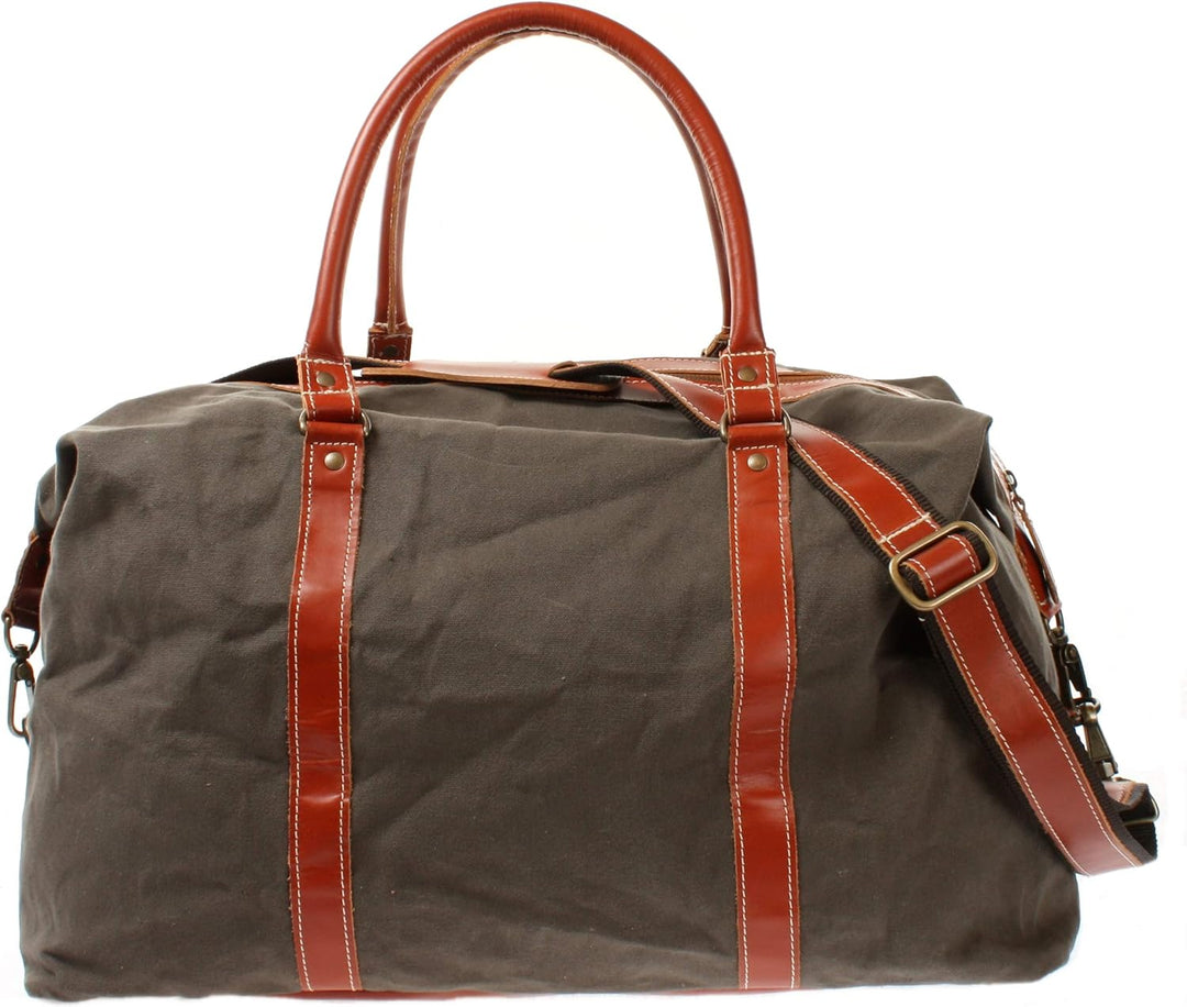 LECONI Weekender gross Canvas + Echt-Leder Retro Reisetasche Unisex Damen + Herren Sporttasche Reise
