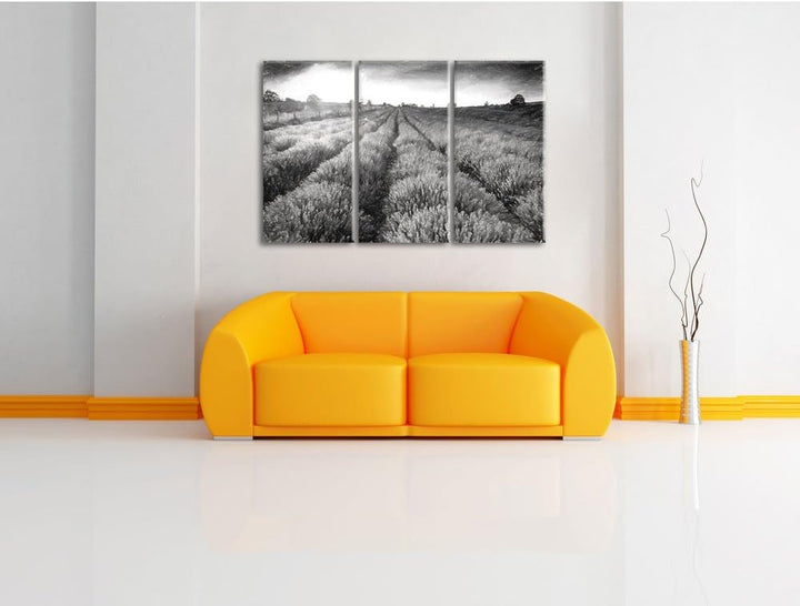Pixxprint Lavendelfeld in Frankreich / 3-Teilig/Gesamtmass 120cm Leinwandbild bespannt auf Holzrahme