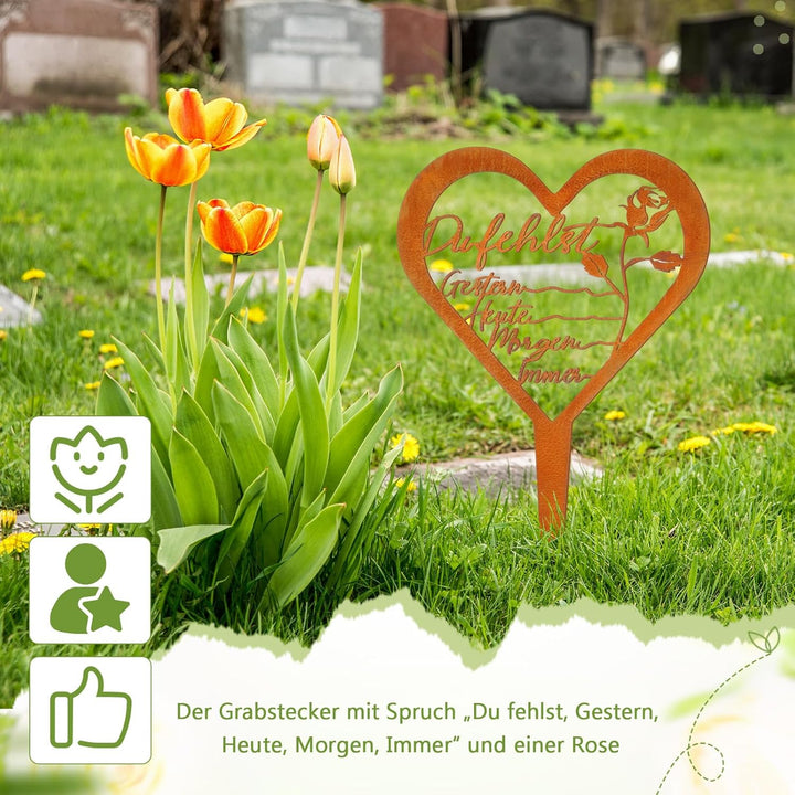 Fiada Wetterfest Grabstecker Herz Grabschmuck Trauerdekoration Metall Stahl Rost Grabstecker mit Spr