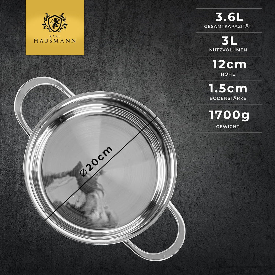 Edelstahl Kochtopf Induktion - 3.6L - Ø 20 cm - Topf für alle Herdarten Geeignet - 18/10 Edelstahlto