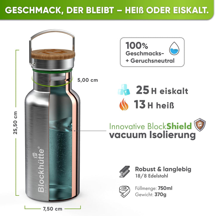 Blockhütte Premium Edelstahl Trinkflasche isoliert I 750ml I mit Naturborsten Bürste I Isolierflasch