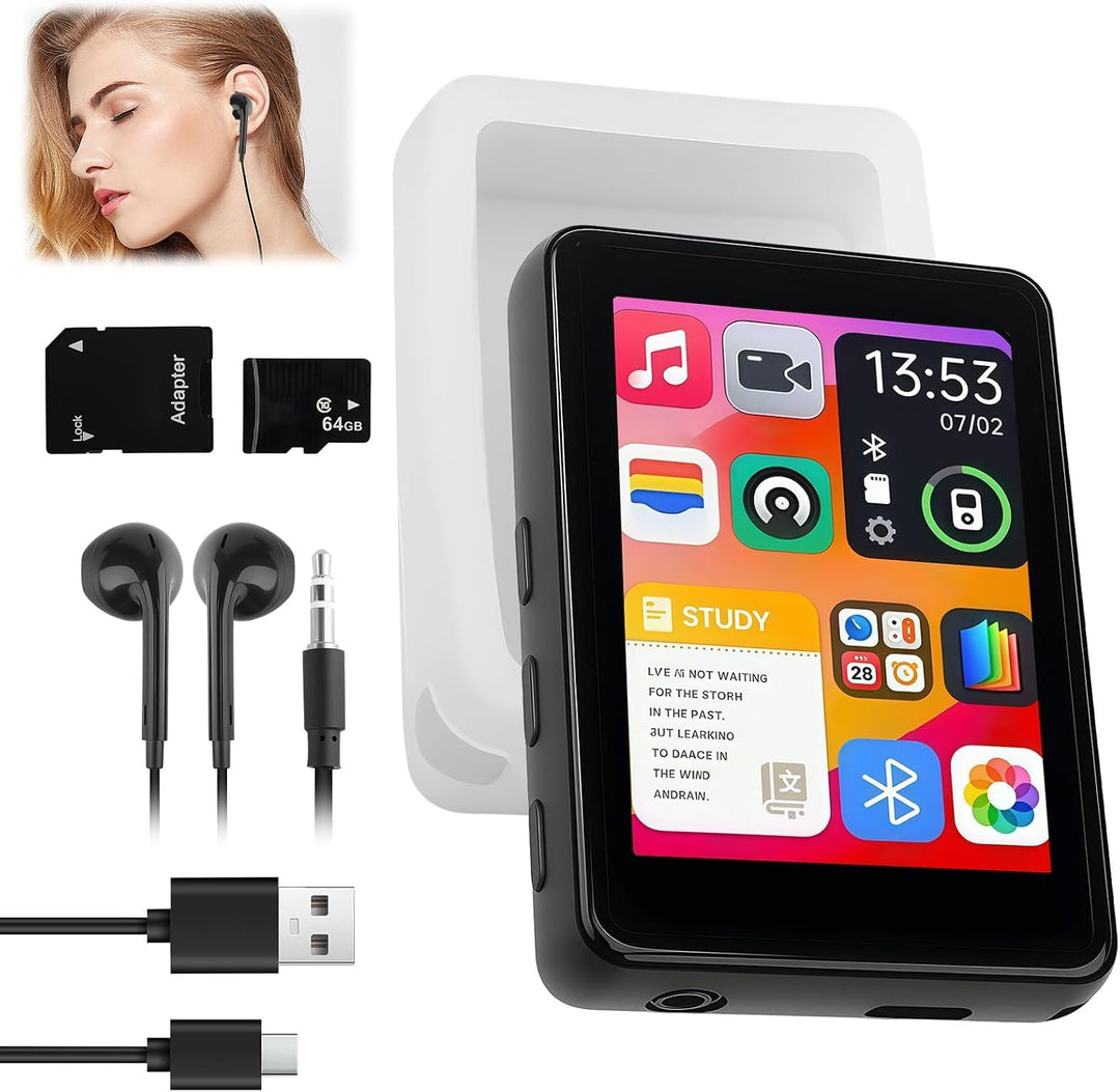 MP4 Player, 64 GB, Bluetooth 5.3, 2,4 Zoll Touchscreen | Tragbarer MP4-Player, Integrierter HD-Lauts