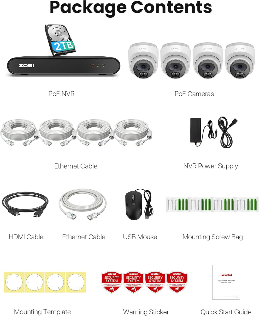 ZOSI 2,5K PoE Überwachungskamera Aussen Set, 8CH 5MP NVR mit 2TB HDD, 4X 4MP PoE Dome Kamera Überwac