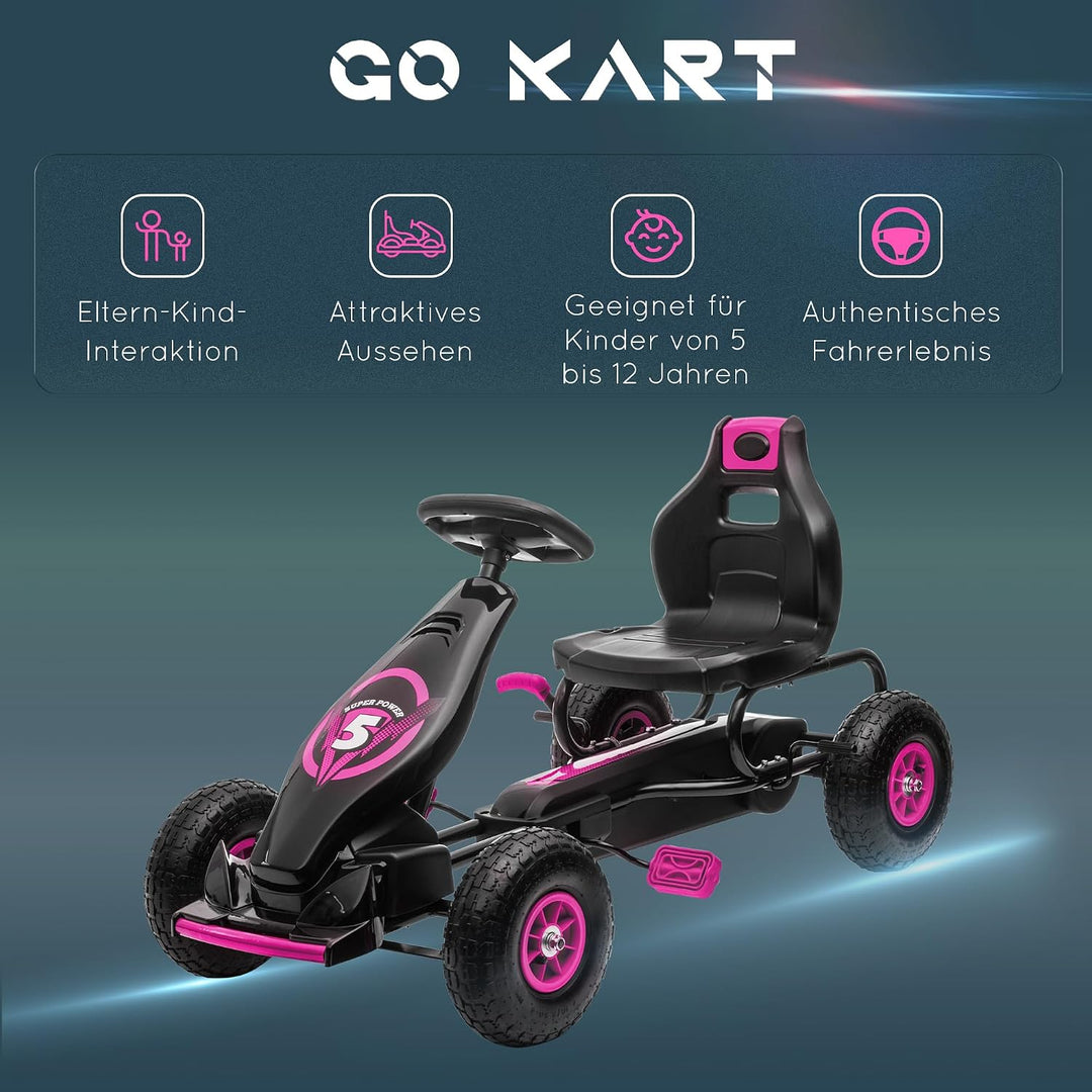 HOMCOM Gokart für Kinder, Kinderfahrzeug mit 3-stufig Verstellbarem Sitz, Tretfahrzeug mit Gummireif