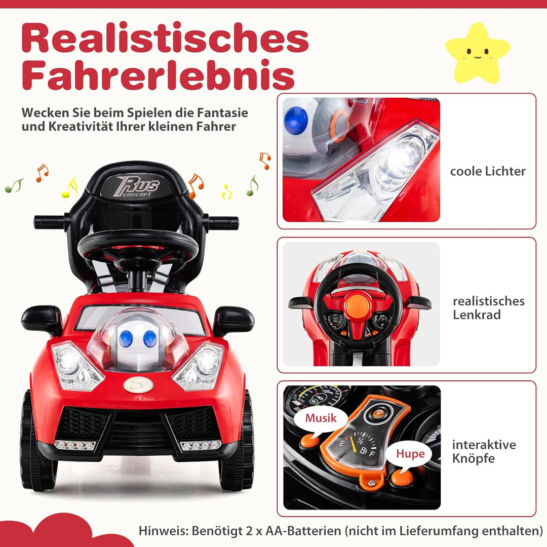 COSTWAY 3-in-1 Rutschauto mit Schiebestange, Rutschfahrzeug mit Hupe, Musik, Licht & Sicherheitsgurt