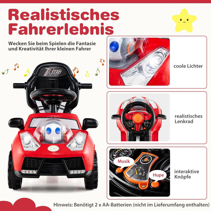 COSTWAY 3-in-1 Rutschauto mit Schiebestange, Rutschfahrzeug mit Hupe, Musik, Licht & Sicherheitsgurt