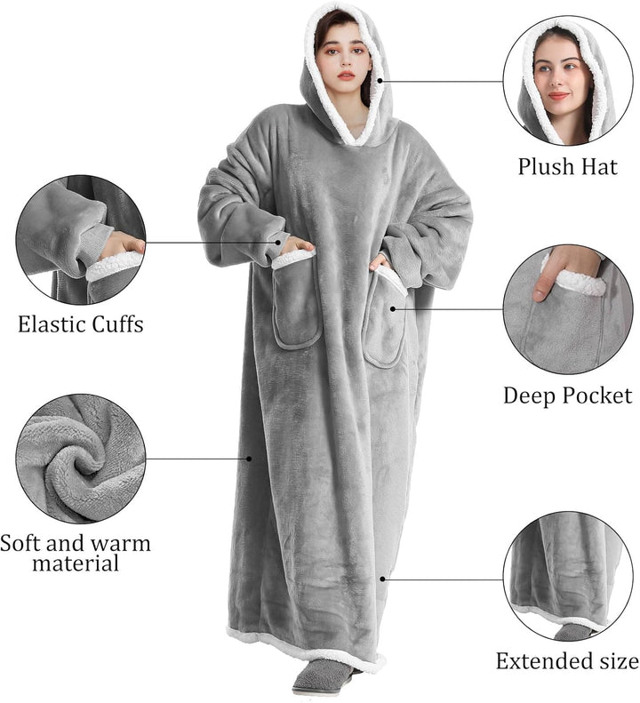 FEELJAM Decke mit Ärmeln und Kapuze kuscheldecke hoodie Grau Wärme Decke Hoodi, 80 x 180 cm ärmeldec