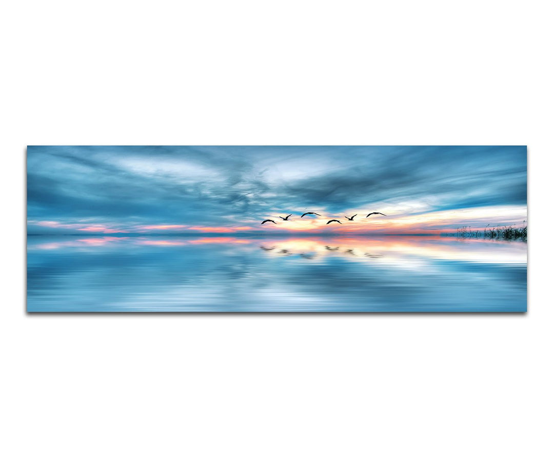 Paul Sinus Art Panoramabild auf Leinwand und Keilrahmen 150x50cm Meer Himmel Wolken Vögel