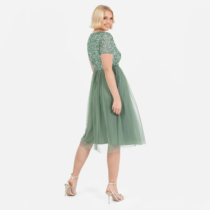 Maya Deluxe Damen Midi-Kleid mit V-Ausschnitt, Verziert Brautjungfernkleid Deep Mint 34, Deep Mint 3