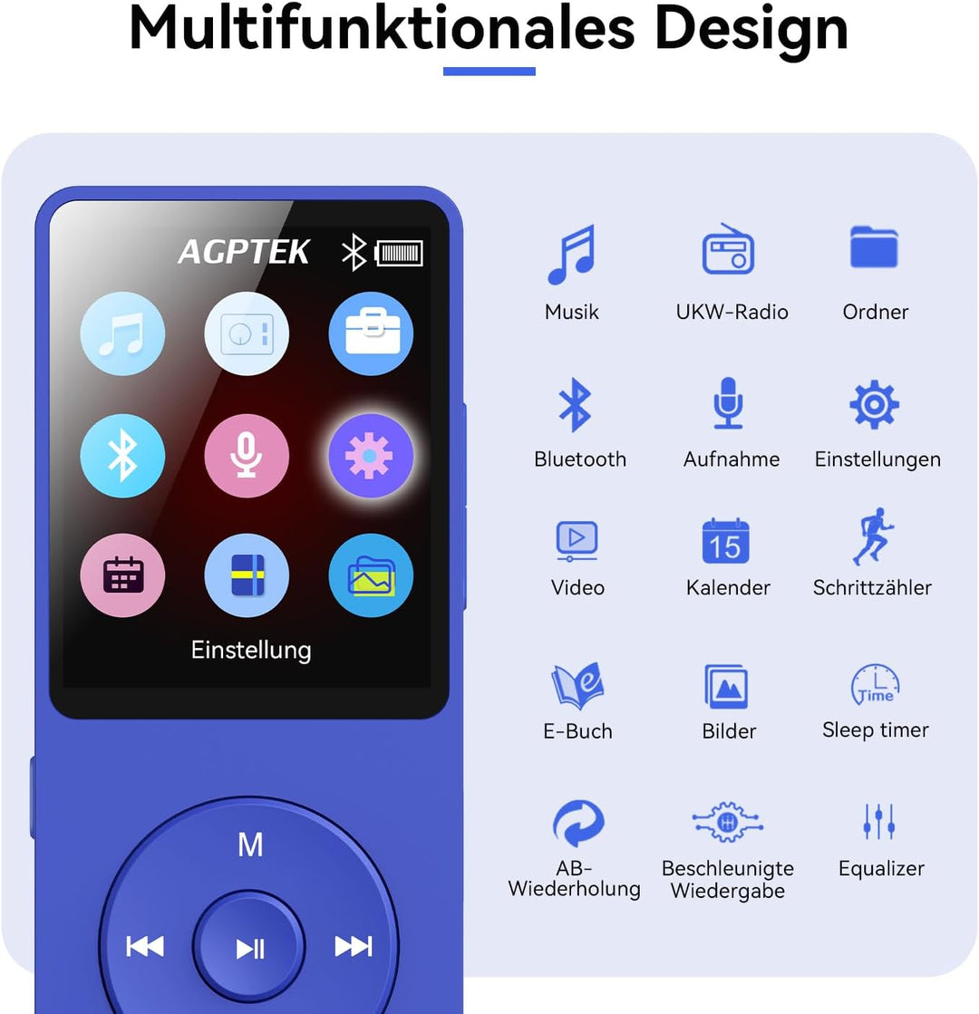 AGPTEK 64GB MP3 Player Bluetooth 5.3 mit Lautsprecher, 40 Stunden Akkulaufzeit Kleiner und klassisch