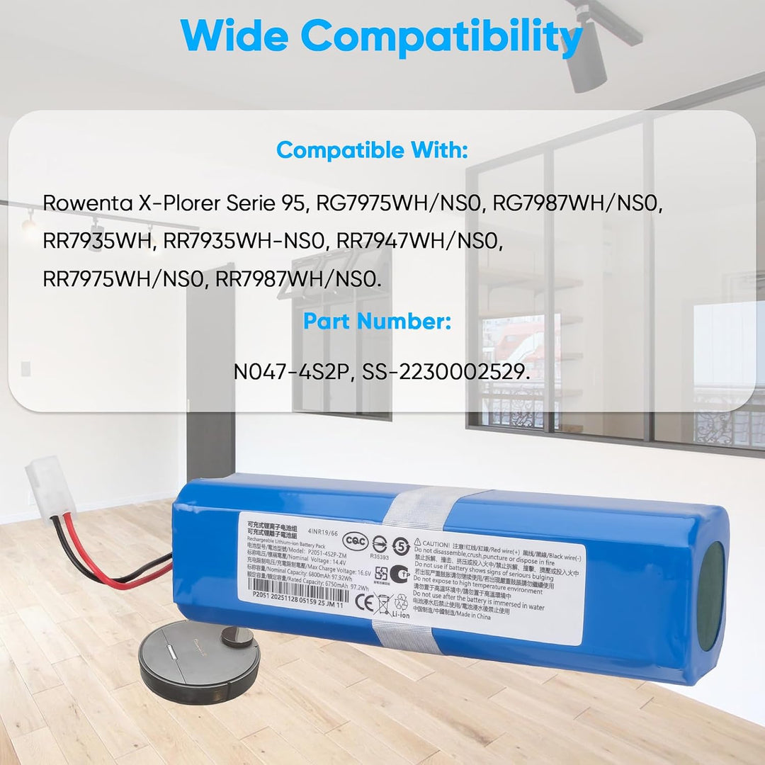 6800mAh 14,4V Akku, Kompatibel mit Rowenta X-Plorer Serie 95, RG7975WH/NS0, RG7987WH/NS0, RR7935WH,