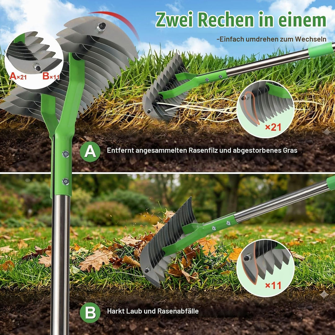 Strohrechen Vertikutierrechen 21 Zinken, Rasenrechen Mit 114 cm Verstellbarem Langem Griff Robuster