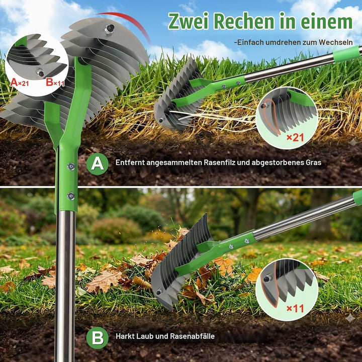Strohrechen Vertikutierrechen 21 Zinken, Rasenrechen Mit 114 cm Verstellbarem Langem Griff Robuster
