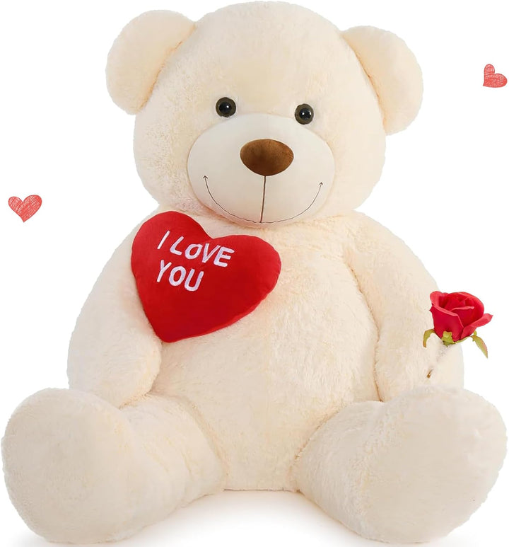 MorisMos 90cm Süss Teddybär gross XXL mit Rot Herz I Love You, Beige Riesen Teddy Bär als Geburtstag