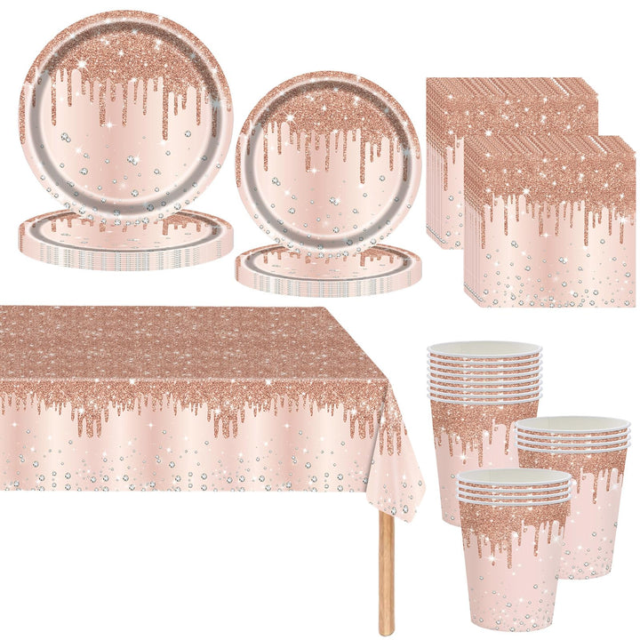 Roségold Partygeschirr,81 Stück Roségold Diamant Pappteller Set Pappteller, Pappbecher,Servietten un