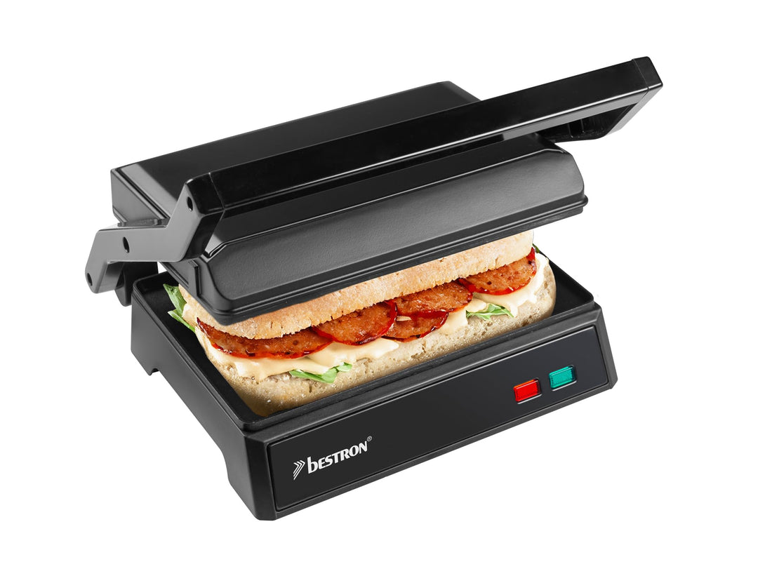 Bestron elektrischer Kontaktgrill mit Auffangschale, Sandwichmaker mit Cool-Touch-Handgriff, Paninim