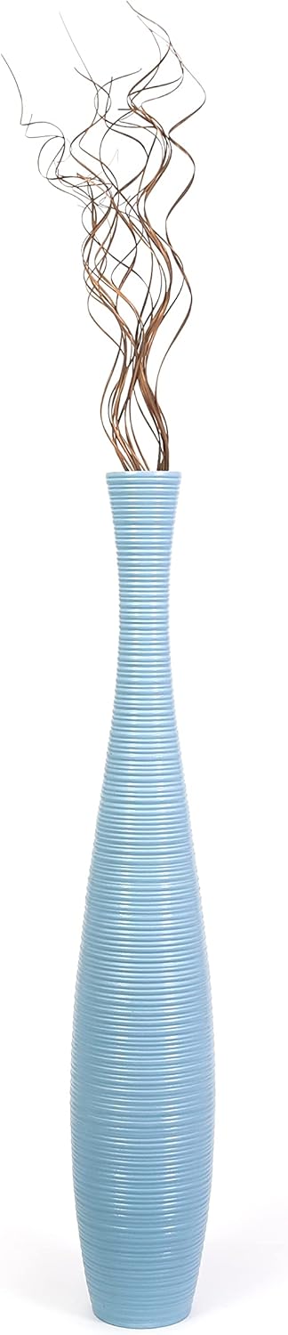 Leewadee Grosse Bodenvase für Dekozweige hohe Standvase Design Holzvase, Holz, 90 cm, Hellblau 90 cm