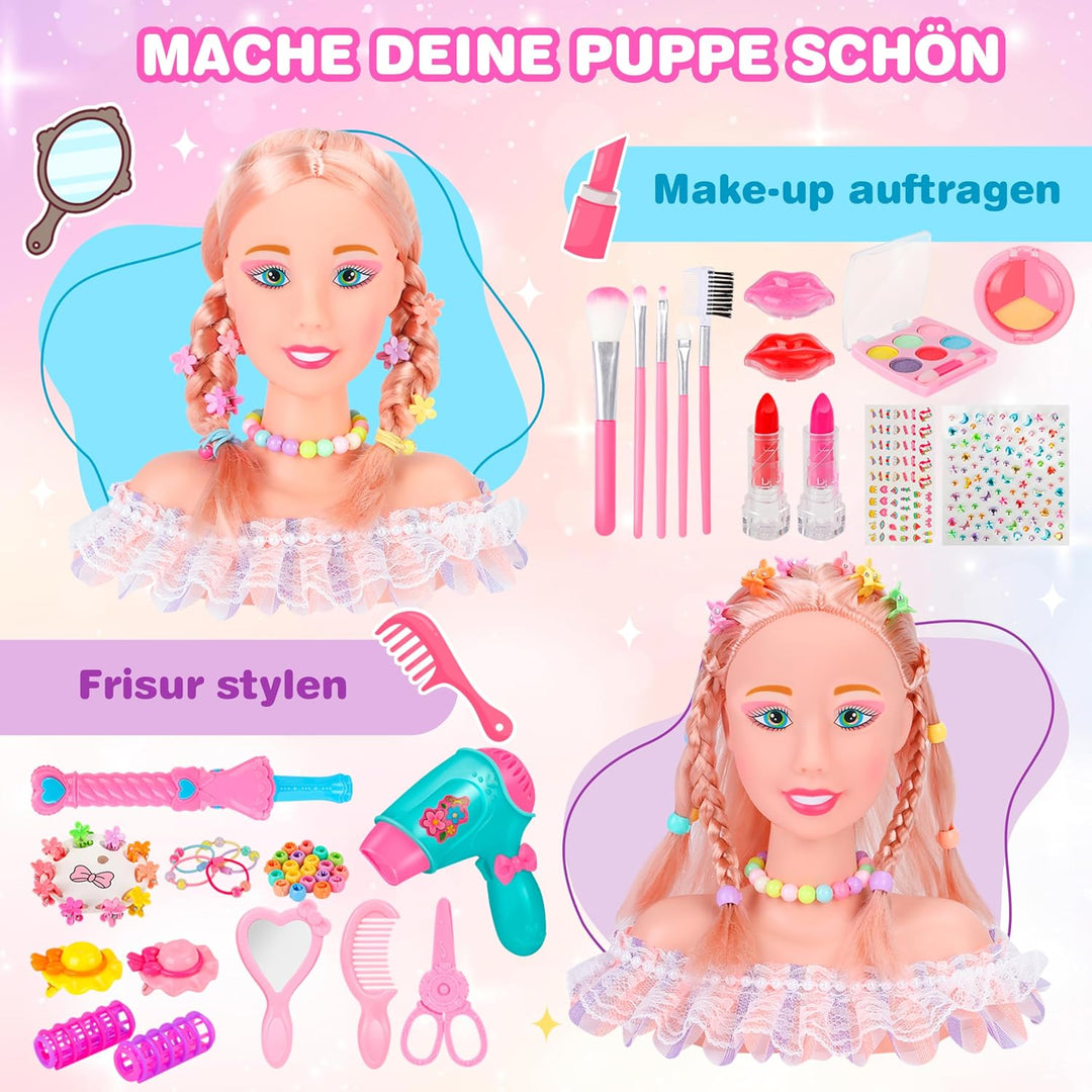 MOMOSTAR 58 Stück Frisierkopf Kinder Set, Schminkkopf für Mädchen, Puppenkopf Zum Frisieren Kinder m