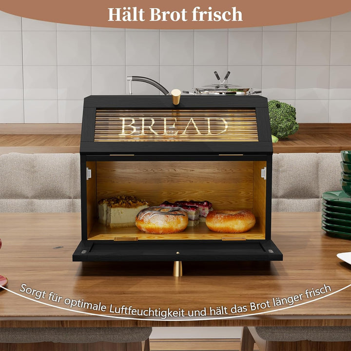 Brotkasten Holz, 2 Etagen Brot Aufbewahrungsbox, Gross Brotkasten Schwarz Mit Transparentem Fenster