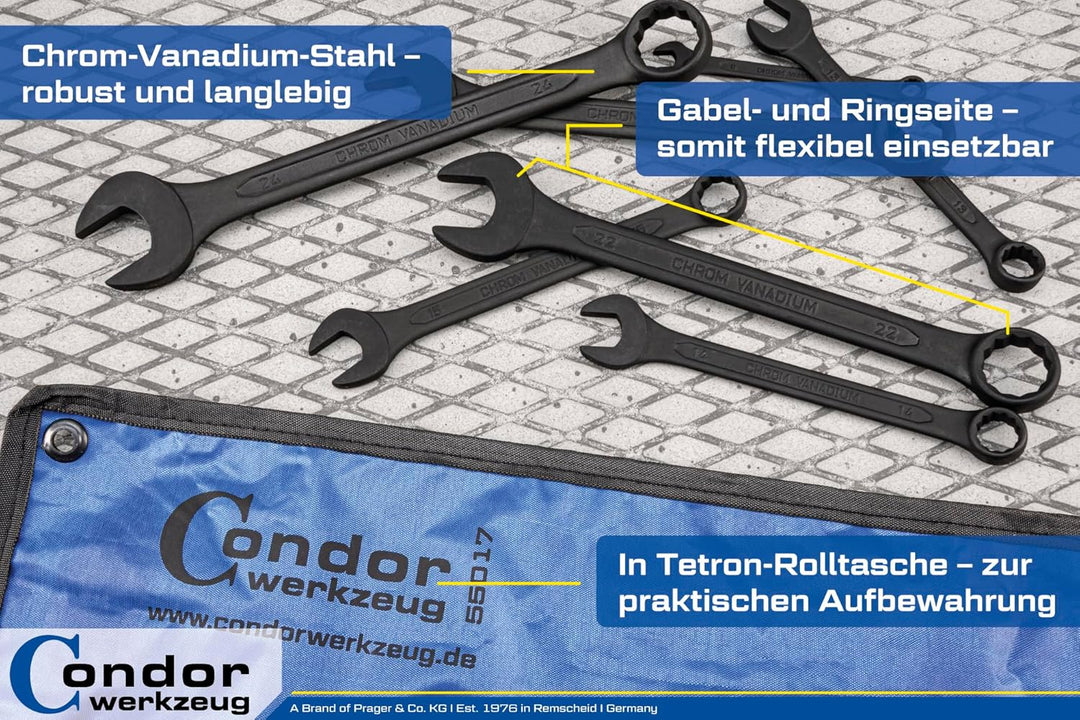 CONDOR Werkzeug 55017 | Gabel-Ringschlüssel-Satz | 17-tlg. | 6-24 mm | Chrom-Vanadium-Stahl schwarz