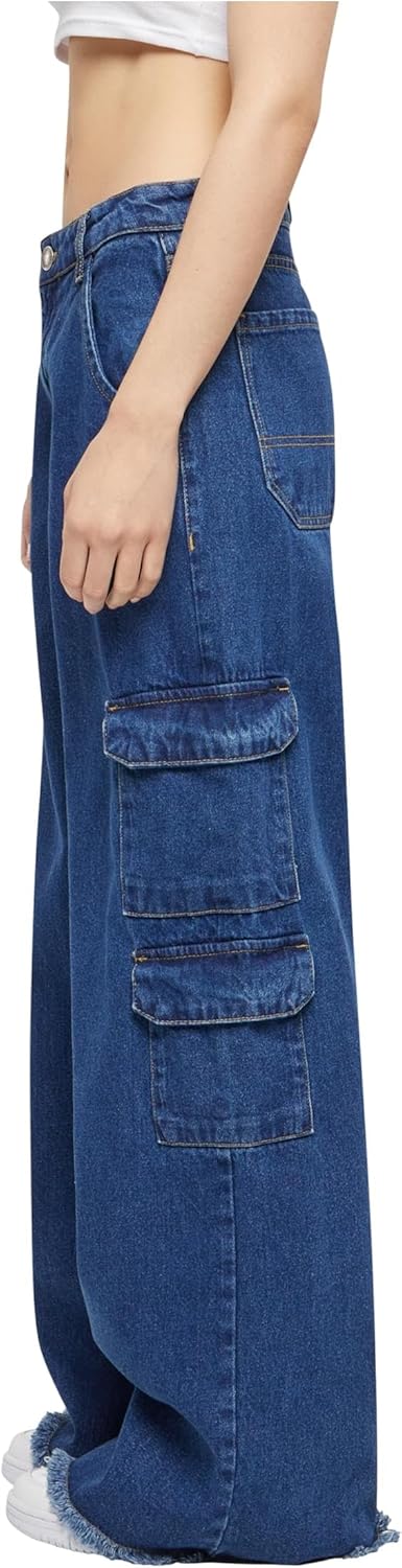 Urban Classics Ladies Mid Waist Cargo Denim Pants Frauen Cargohose schwarz Basics 26 Mid Indigo Wash