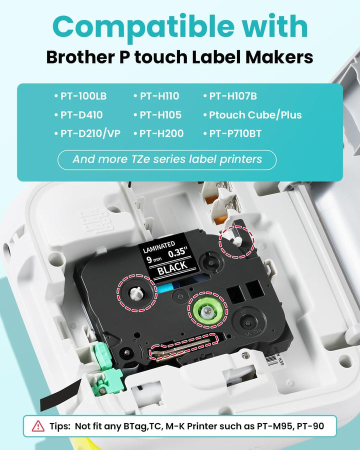 MarkField 4x TZe-325 9mm Weiss auf Schwarz Schriftband Kompatible für Brother P-Touch Bänder TZ TZe3