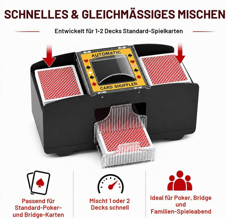 Automatischer Kartenmischer für 1-2 Kartendecks, Kompatibel mit UNO, Poker, Skyjo, Skip BO, Elektris