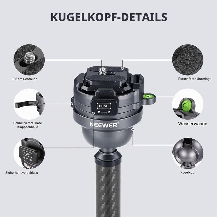 NEEWER LITETRIP LT32 62" Reisestativ aus Kohlefaser mit ±15° nivellierbar 360° Panoramakopf abnehmba