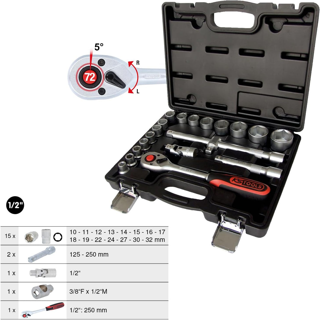 KS Tools 911.0620 1/2 Zoll Steckschlüssel-Satz | inklusive Umschaltknarre, 45-Zahn | matt satiniert